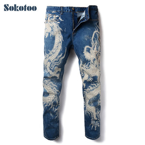 Sokotoo Men's fashion dragon print jeans Male colored drawing painted slim denim pants Elastic black long trousers