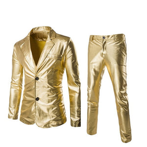 Brand Men Coated Gold  Suit Set 2 pcs Jackets + Pants Men Blazers Sets Dress Blazer Set Wedding Party  Show Shiny Clothes